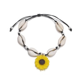 Dishowme Shell Sunflower Anklet Bracelet Bohemian Conch Flower Foot Chain Hawaii Puka Wax Rope Summer Beach Barefoot Sandal Jewelry for Women (White)