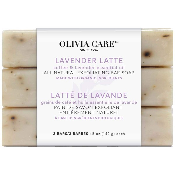 Olivia Care Lavender Latte Exfoliating Bar Soap 3 Pack Natural, Organic. Infused with Coffee Bean & Lavender Essential Oil | Clean Energize Mind Body. Full of Vitamin & Antioxidants - 3 X 5 OZ