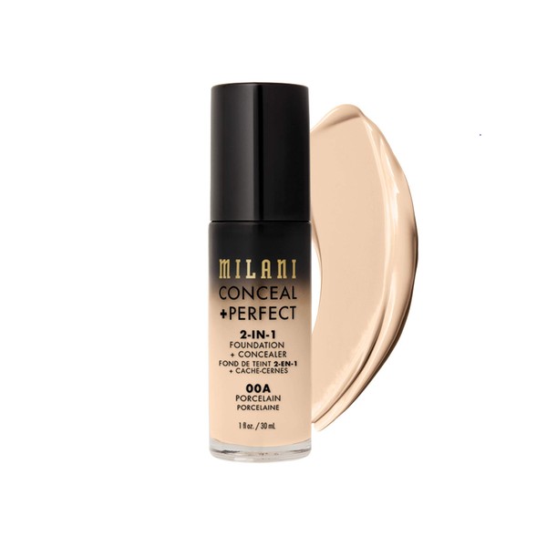 Milani Conceal + Perfect 2-in-1 Foundation + Concealer (1 Fl. Oz.) Liquid Foundation - Cover Under-Eye Circles, Blemishes & Skin Discoloration for a Flawless Complexion (Porcelain)
