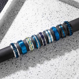 EIELO 9Pcs Stainless Steel Band Rings for Men Women Cool Fidget Spinning Chain Ring Anxiety Relief Fashion Simple Wedding Engagement Black Ring Set (Blue, 12)