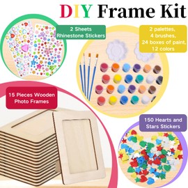 Cayton Picture Frame Painting Craft Kit, 15 Unfinished Wooden Photo Frames DIY with 150 Heart Shaped Stars 2 Rhinestone Stickers 4 Painting Tools for DIY Craft Picture Frames