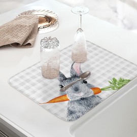 Easter Dish Drying Mat for Kitchen Counter Bunny Carrot Drying Pad Absorbent Drying Mats for Countertops Sinks Draining Racks Rabbit Grey Buffalo Plaid Reversible Drainer Spring Holiday Decor 18x24