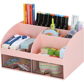 KAHEIGN Desk Organiser with 6 Compartments and 2 Drawers, 19 x 14 cm, Multifunctional Office Organiser, Pen Holder for Office, Desk or Bathroom, Dressing Table as Makeup Organiser