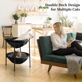 JUNSPOW Double Cat Bed Black, Breathable Cat Bed for 2 Cats with 4 Adjustable Feet & Anti-Slip Mats, Easy Assembly Cat Hammock for Multi-cat Household, Indoors & Outdoors, 22.8 in x18.7 in x 18.7 in
