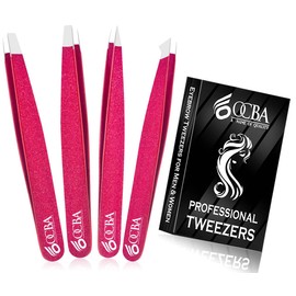 OCBA 4 Pcs Pink Tweezers for Facial Hair Women & Men for Precise Grooming of Eyebrows - Professional Stainless Steel Black Color Coated Eyebrow Tweezers for Ingrown Hair on Nose Ear (Pink)