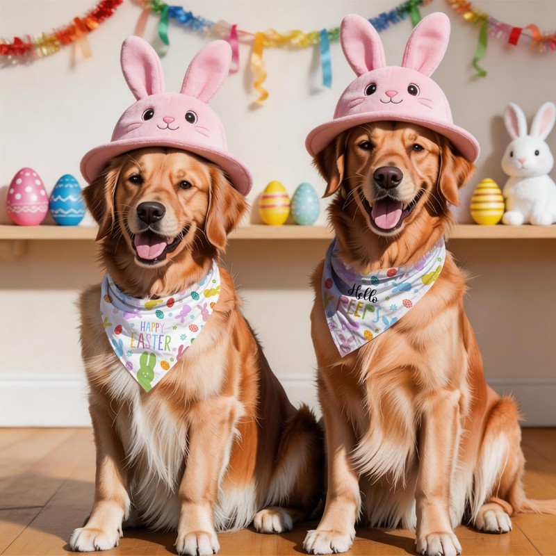 2 Pack Easter Dog Bandanas, Happy Easter Bunny and Egg