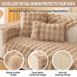 SHANNA Thick Rabbit Plush Sofa Cover 1 2 3 Seater, New Universal Non-Slip Corner Sofa Cover L Shape Super Soft Faux Fur Sofa Slipcovers for Living Room(Khaki, 70 * 150cm Seater Cover)