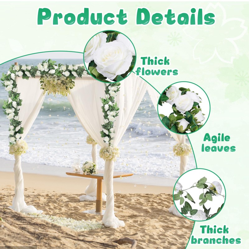 Flower Garland Decoration, 2 Pack White Artificial Flowers Garlands, 220cm