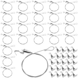 HEIHAK 24 Pack Picture Rail Hanging System - 3.3ft(100cm) Adjustable Wire Hooks Kit with Loop, Silver Tone for Art Gallery Exhibition Display