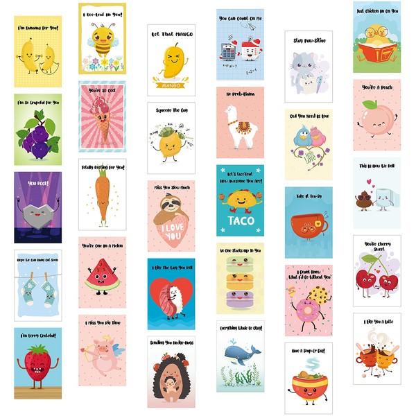 Outus 30 Pieces Funny Pun Cards Set with 30 Pieces Envelopes Funny Puns Hilarious Postcard Animals and Food Cartoon Greeting Cards Punny Puns Note Cards for Friends, Birthday