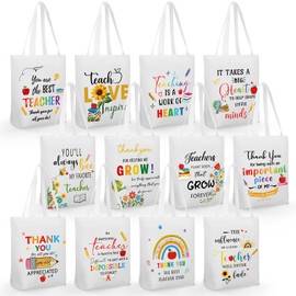 Sadnyy 12 Pcs Teacher Canvas Tote Bag Bulk Appreciation Gifts for Women Thank You Gift Teach Inspire Love Reusable Cotton Canvas Tote Bag with Pattern for School Work Teacher Supply
