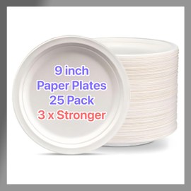 Pokanic Paper Plates White 9 inch - 25 Pack Heavy-Duty 3 x Stronger Soak-Proof Cut Resistant Microwave-Safe 100% Compostable Eco-Friendly Biodegradable Disposable (25 Pack, 9 Inch - White)