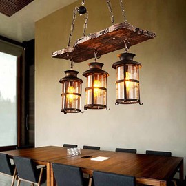 3-Light Rustic Kitchen Island Pendant Lamp Farmhouse Wood Iron Chandelier Industrial Ceiling Hanging Light with Glass Lampshade for Dining Living Room Restaurant Cafe Bar 39.4 x 27 in E26/E27 Base