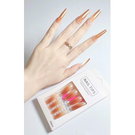 Press on Nails Medium Coffin Nails Press on Square Nails for Women, Long Fake Nails for Girls Solid Color Glue on Nails Long Acrylic Nails Set Natural False Nails in 24PCS (Dark Gold Gradient)