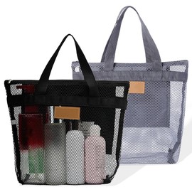 2 Stück Duschtasche,Duschtasche mit Griff, Tragbare Strandtasche, Netz-Duschkorb, Multifunktionale Strandtasche aus Mesh, für Fitnessstudio, Duschraum, Strand, Reise-Toilettenartikel (Schwarz/Grau)