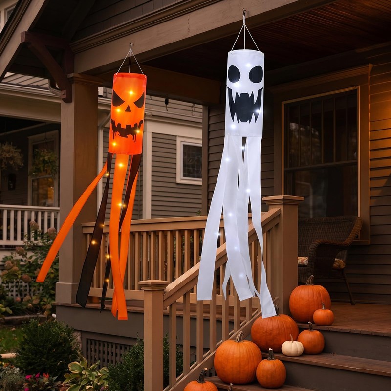 2Pcs Halloween Ghost Windsock with Lights Outdoor Decor