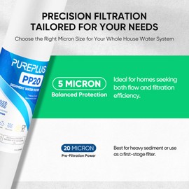 PUREPLUS 5 Micron 20" x 2.5" Whole House Sediment Home Water Filter, 20-inch Sediment Pre-Filtration, Replacement Cartridge Aqua Pure AP110-2C, Pentek P1-20/SP-P1-20/PX01-20, Watts FPMB5-20, 4Pack