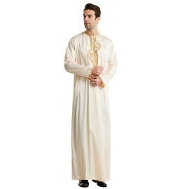 Men Arabic Long Sleeve Embroidery Thobe Stand Collar Kaftan Robe