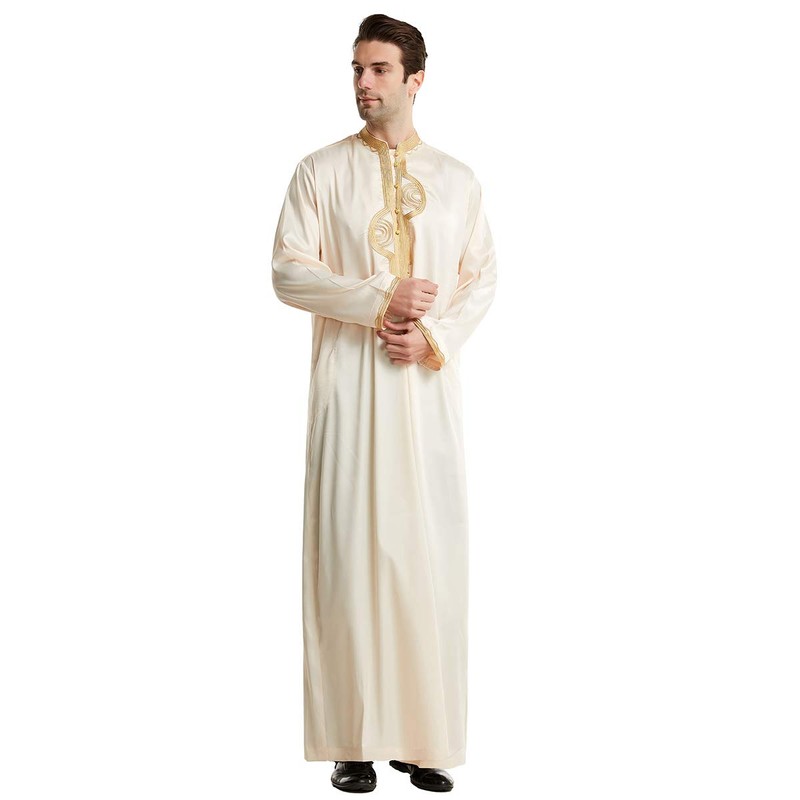 Men Arabic Long Sleeve Embroidery Thobe Stand Collar Kaftan Robe