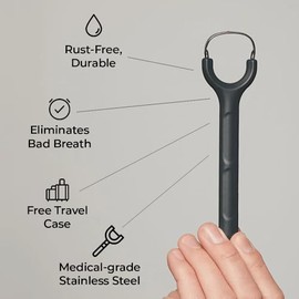 Limpiador de lengua Oral Glide Pro con estuche de viaje: tratamiento para el mal aliento. Fabricado en acero inoxidable de grado médico. Para adultos 