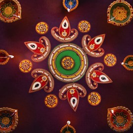 New Floor Rangoli Acrylic Handcrafted Indian Traditional Home Décor for Festival Diwali Wedding Party Wall Interior Decoration and Gifting Size - 14" (Red Diya)