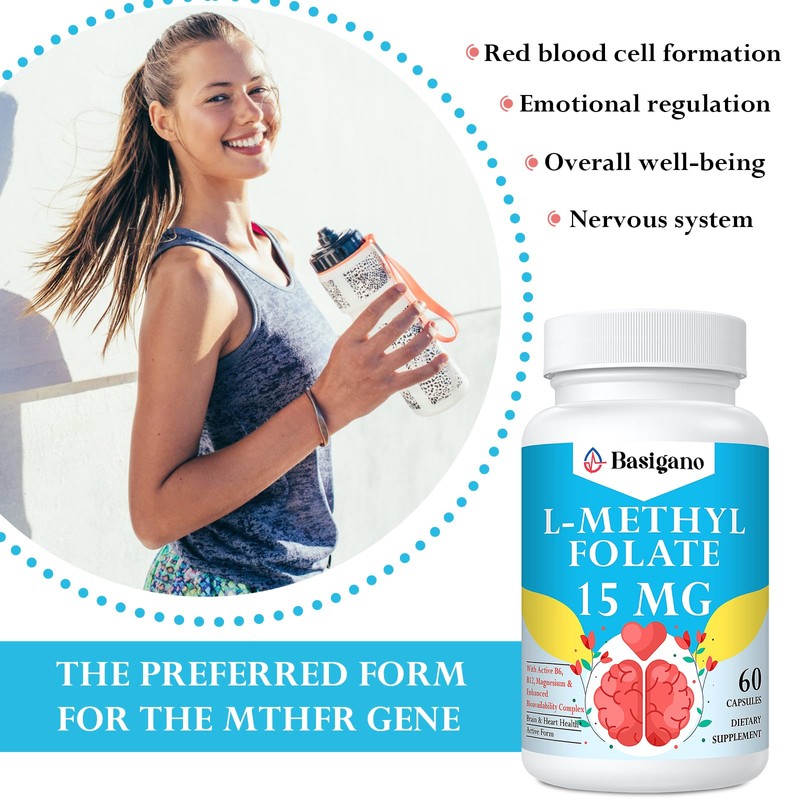 Basigano 15mg L Methylfolate (5-MTHF)- Active Folic Acid-Enriched with Vitamins