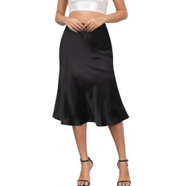 ALCEA ROSEA Womens Satin High Waisted Silk A-line Wedding Elegant Elastic Midi Skirt (Black, XX-Large)