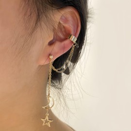 Gold Hollow Moon And Star Clip on Earrings For Women Trendy Ear Cuffs Tassel Chain Non Piercing Cartilage Earring,14k Gold Plated,Fake Piercings Earrings Earcuff,Women's Hoop Earrings Clips for Non Pierced Ears Earing Set (Gold Tassel Hollow Moon and Sta