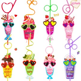 32 Pack Valentines Day Gift Cards with Colorful Crazy Straws for Kids School Classroom Valentine’s Exchange Greeting Cards