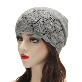 ZLYC Crochet Slouchy Beanie for Women Soft Lightweight Skull Cap Cutout Stretch Knit Hat, Solid Light Gray, One Size