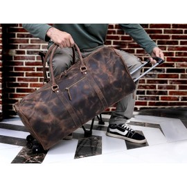 Weekender Leather Duffel Bag for Men Overnight Vintage Travel Duffle with Shoulder Strap Carry On Sports Gym 24 Inch Leather Luggage Carryall Cool Gifts for Him by Cureo