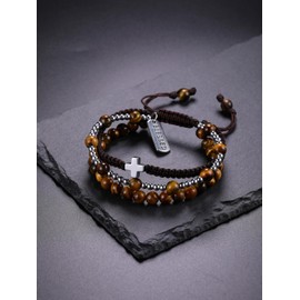 CrystalTears Tiger Eye Crystal Bracelet for Women Healing Crystal Gemstone Beaded Cross Bracelet Adjustable Triple Layered Stone Bracelets Crystals Jewellery Gifts for Women Men Birthday Christmas