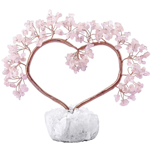 SUNYIK Handmade Healing Crystal Heart Shape Money Tree Set on Natural Rock Quartz Cluster Crystal Base for Home Decor 6.5-8" Tall, Rose Quartz