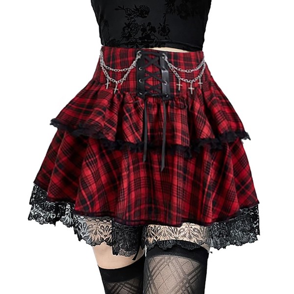 DINGJIUYAN 2 Layered Mini Skirt with Chains Gothic Y2k Ruffle