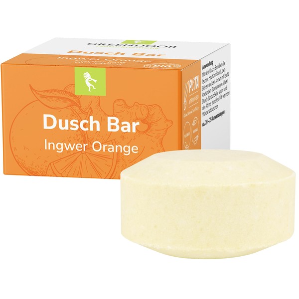 GREENDOOR Shower Bar Ginger Orange 75 g, Approx. 25 Showers, Solid Shower Gel, Natural Solid Bar with Organic Shea Butter, Skin Mild, No Palm Oil, Sulphate Plastic, Natural Cosmetics without Animal