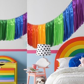 Kingsnow 2 Pack Rainbow Tassel Garland Colorful Banners,Handmade Ribbon Garland 80x14 Inch Preassembled Fabric Streamers Backdrop for Wedding, Birthday Party Decorations, Classroom and Wall Window