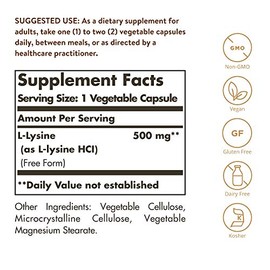 SOLGAR Solgar L-Lysine 500 mg, 250 Vegetable Capsules - Enhanced Absorption & Assimilation - Promotes Integrity of Skin & Lips - Collagen Support - Amino Acids - Non-GMO, Vegan, Gluten Free