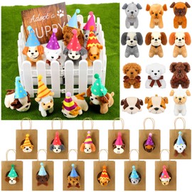 Blueweenly 45 Pcs Adopt a Dog Party Favors Mini Plush Stuffed Animals with Birthday Hats 12 Mini Puppies 12 Birthday Hats 12 Bags 8 White Plastic Fence and a Small Board for Adopt a Pet Party