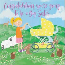 Hunts England - New Baby Pregnancy Announcement Big Sister Card For Daughter - Congratulations You're Going To Be A Big Sister - New Baby Reveal - Surprise - Yellow Pram - Countryside Collection
