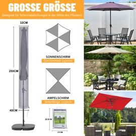 Oule GmbH Parasol Protective Cover for Parasol up to Approx. Diameter 200/300/400 cm Premium Quality Made of High-Quality 300 GSM 600D Oxford Material Protective Cover Parasol (Grey 250 cm x 32/40 cm)