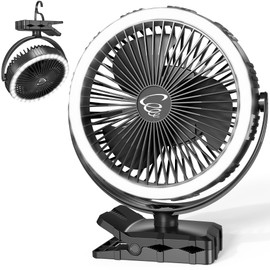 KITWLEMEN Camping Fan with Light - 10000mAh Rechargeable Battery Operated Fan, 3 Speeds, 21Hrs Max Cooling, Portable Clip on with 2.4" Clamp & Folding Hook for Camping, Golf Cart, Treadmill, Home | KITWLEMEN