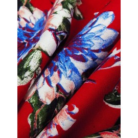 Unbranded Floral Challis Fabric Boho Mod Flowers Red Mums  By the Yard