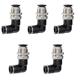 Jienk 5Pcs Bulkhead Elbow 1/4" x 1/4" Tube OD Push to Connect Tube Fitting, PLM-1/4 Bulkhead 90 Degree Elbow Pneumatic Quick Connect Air Fitting