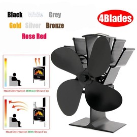 Heat Powered Stove Fan, Anodizing Aluminum 4 Blade Heater Stove Fans for Wood/Log Burner/Fireplace - Black