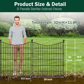 5 Panels No Dig Dog Fence Outdoor for Yard, 32 in(H) X 12 ft(L) Decorative Tall Garden Fence Animal Barrier, Rustproof Metal Wire Garden Edging and Borders, Temporary Fencing Stakes