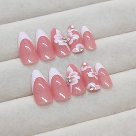 White French Tip Press on Nails - Medium Almond Flower with Rhinestones Design Full Cover Coffin Acrylic Artificial Floral Stick on DIY Glue on Nails for Women - 24 Pcs