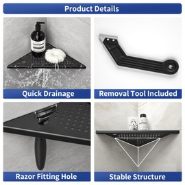 Bernkot 10'' Corner Shower Shelf w/Soap Holder, 304 Stainless Steel Grout in Shelf for Bathroom, Recessed Shelf Rack for Tiled Wall, No Drilling Needed (Black)