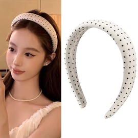White Polka Dot Padded Headband Silky Satin Headband for Women Non-Slip Thick Wide Hairband Hair Hoop Comfortable Puffy Headband Hairbands Head Bands Retro Style 1950 Hair Accessories