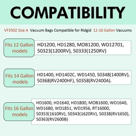 15 Pack 23743 VF3502 Vacuum Bags Compatible with Ridgid 12-16 Gallon Wet Dry Vacuums,Dust Collection Bags WD1950 WD1956 WD1850 WD1851 RV2400HF WD1450 WD1680 WD1270