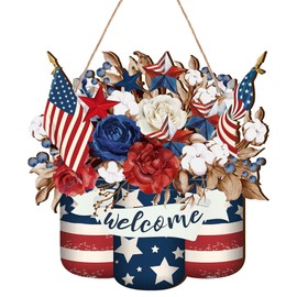 Heyiminy Patriotic 4th of July Wreath for Front Door, Wooden Independence Day Door Hanger, Red White and Blue Welcome Wreath for Porch, Outdoor and Indoor Decorations, Fourth of July Decor for Home